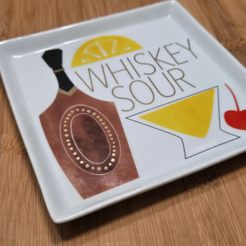 Crate & Barrel WHISKEY SOUR Appetizer Plate Trinket Dish, recipe on back
